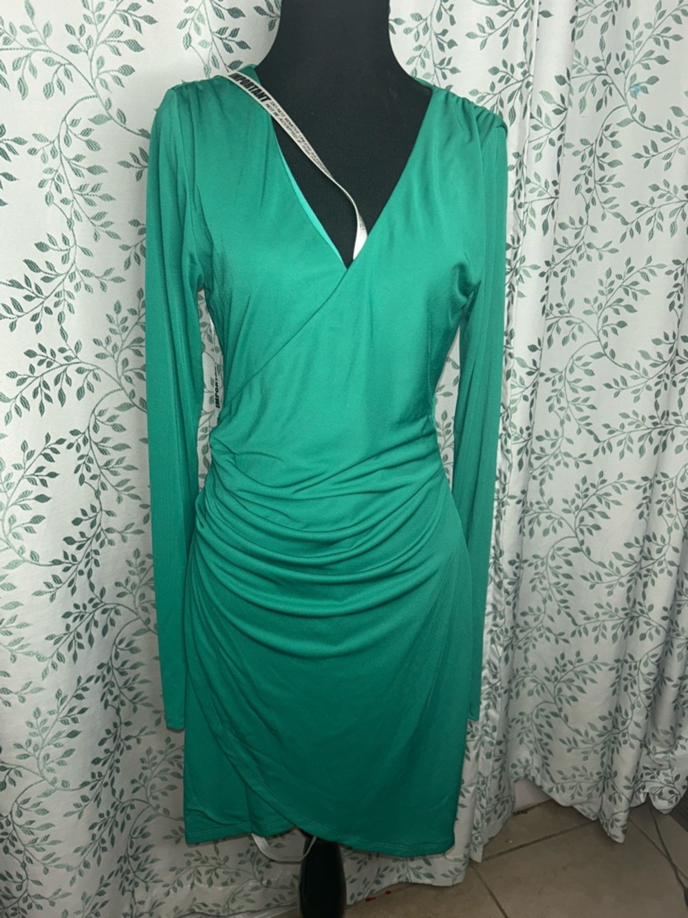 Emerald Green Long-Sleeve Ruched Wrap Dress